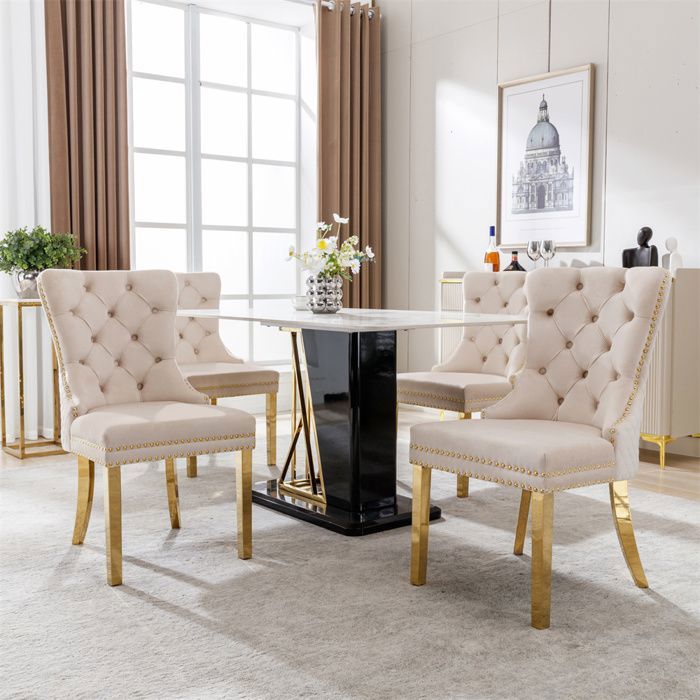 Chaises de Salle à Manger Lot de 4 Pieds en Métal doré Dossier à Ailes piquetage à Boutons Garniture rivetée Velours Beige