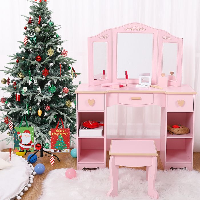 Ensemble Coiffeuse et Tabouret pour Enfants - Bureau Vanité Rose avec Miroir Triplet 3 Tiroirs et 4 Étagères de Rangement