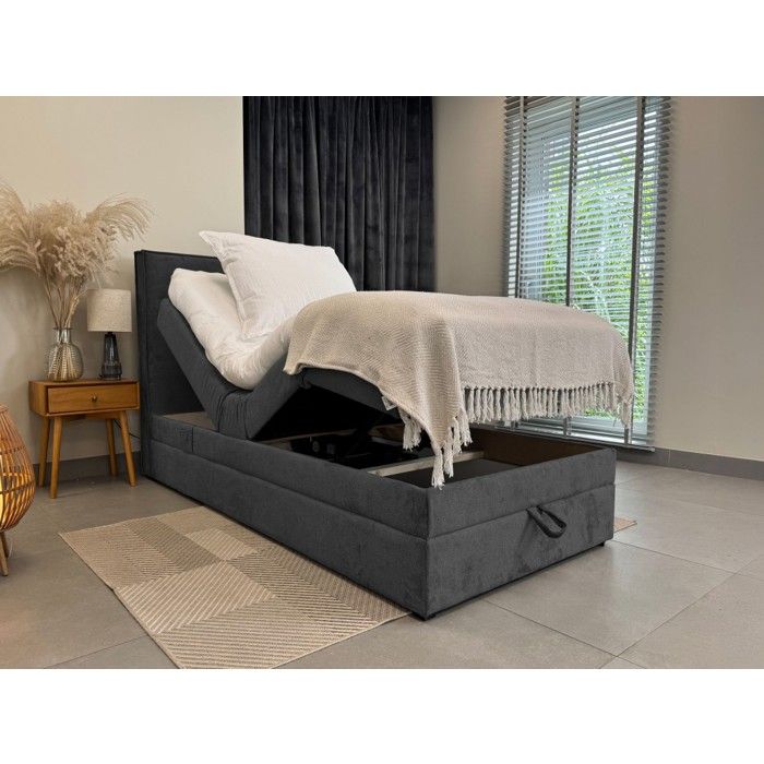 Lit adulte 90x200 SORRENTO - ensemble relaxation électrique avec matelas ressorts ensachés rangement et surmatelas en gris foncé
