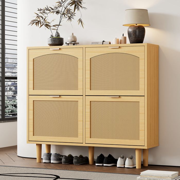 Meuble à Chaussures 4 Portes Abattantes Effet Rotin Style Campagne Bois Chêne Pieds en Bois 100×25×90 cm