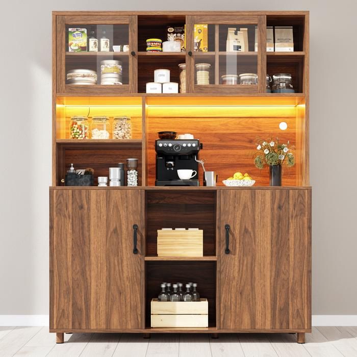 URBAN MEUBLE Buffet haut vaisselier effet bois noyer et vitrine en verre avec éclairage LED intelligent URBAN MEUBLE Buffet haut vaisselier effet bois noyer et vitrine en verre avec éclairage LED intelligent