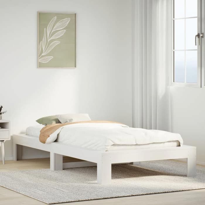 Structure de lit en bois de pin - UU - 90x190 cm - Blanc - Bois de pin massif - Sommier à lattes - Espace de rangement