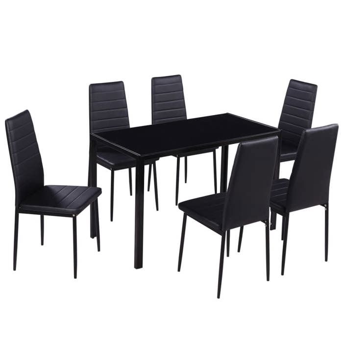 SALE 2026Ensemble de bistro/salon (Table de cuisine + chaise) Noir - Ensemble de table à manger sept pièces noir 44.6 Kg 899596