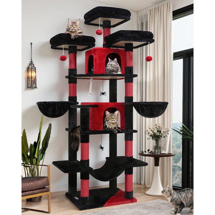 Arbre à chat gothique XXL - JOZSI - Arbre Gothique 204 cm3 Perchoirs2 Niches2 PaniersHamacStable pour 3-5 Chats (F80Gothique)