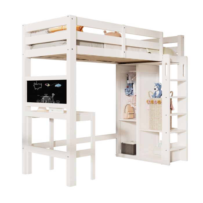 Lit mezzanine enfant 90x200 cm avec bureau. tableau noir double face. penderie ouverte et étagères. bois blanc
