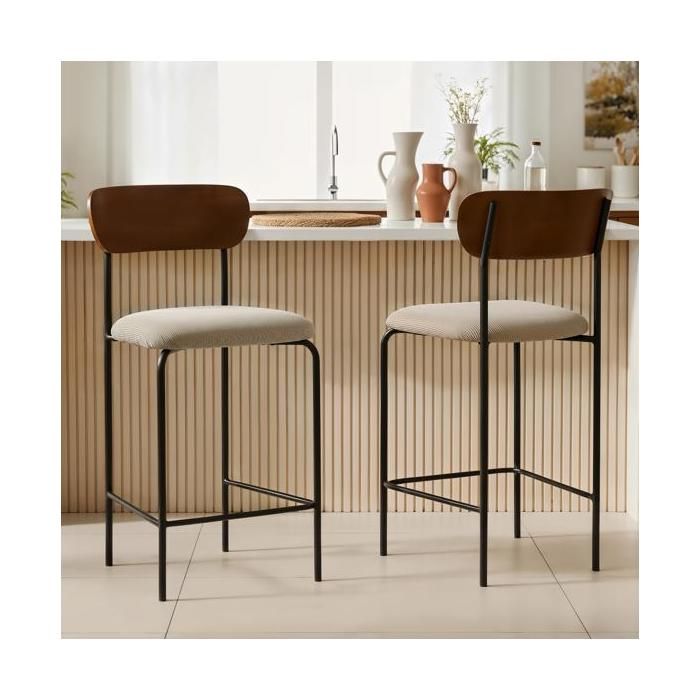Sicaan lot de 2 tabourets de bar h66cm placage frêne velours côtelé beige et pieds métal noir