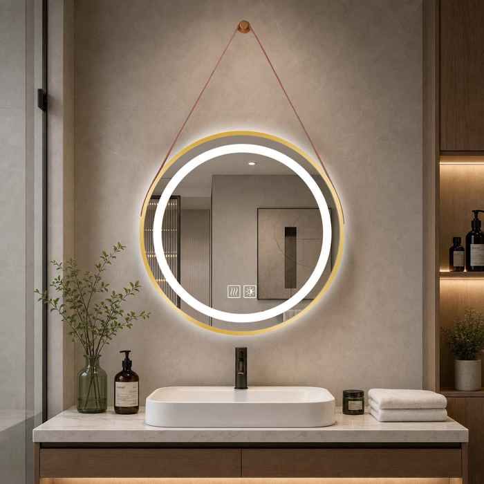 Miroir de salle de bain rond LED 60 cm lumière tricolore réglable anti-buée IP65 avec affichage de lheure/température doré