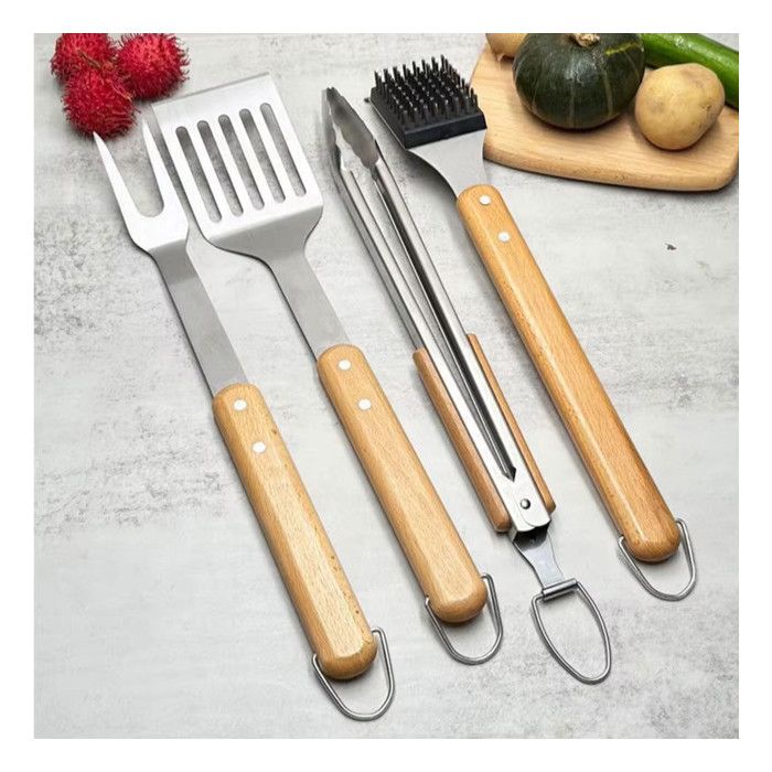 Ensemble d’outils de Barbecue en Acier Inoxydable – Kit BBQ 4 Pièces avec Manche en Bois de Hêtre