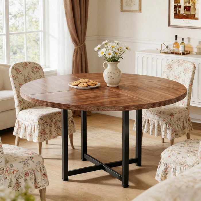Table à manger ronde industrielle 120cm plateau bois brun piètement métal noir pour 4-6 personnes salle à manger cuisine