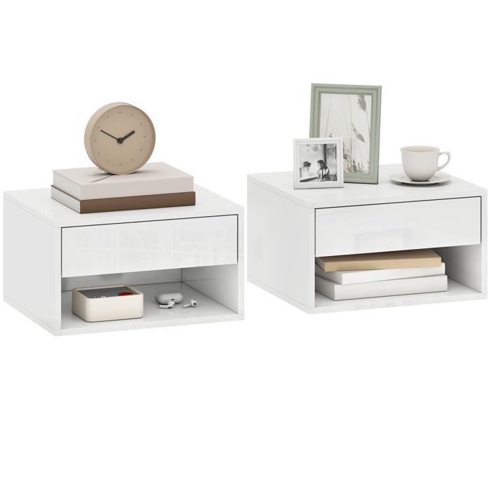 Lot de 2 tables de chevet murales - HOMCOM - tiroir compartiment ouvert plateau - panneau de particules - 37x32x21cm - blanc Lot de 2 tables de chevet murales - HOMCOM - tiroir compartiment ouvert plateau - panneau de particules - 37x32x21cm - blanc