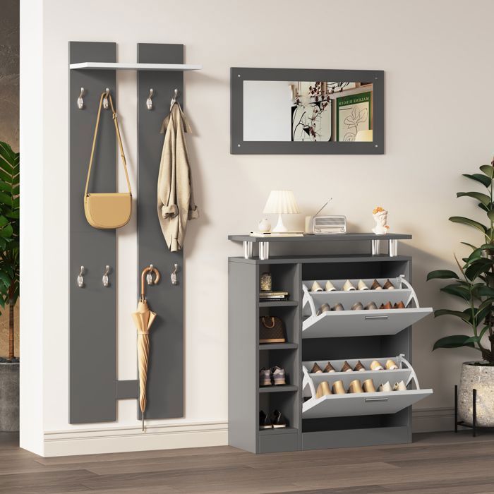 Ensemble d’Entrée Vestiaire - 3 Pièces - avec Miroir - Porte-Manteau Mural - Armoire à Chaussures - Gris Anthracite