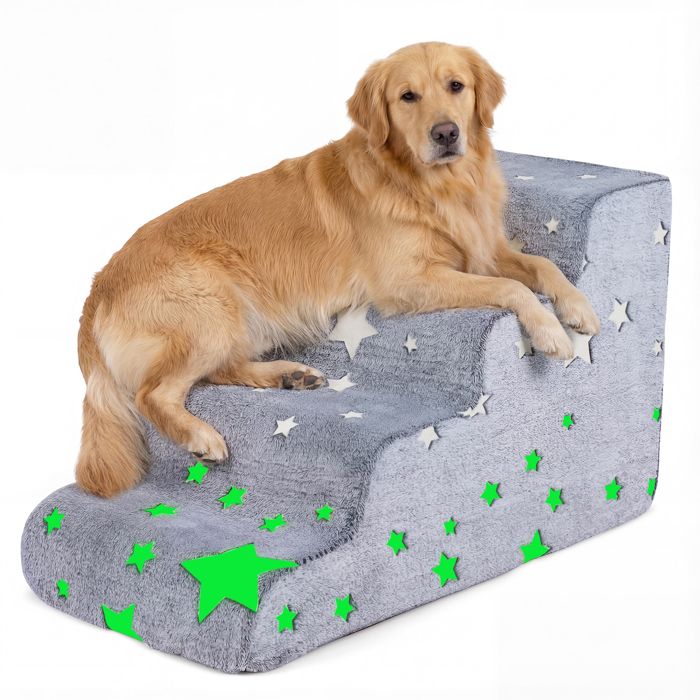 Escalier pour Animaux à 4 Niveaux COSTWAY Tissu Phosphorescent Fond Antidérapant Housse en Flanelle Lavable Rampe pour Chien