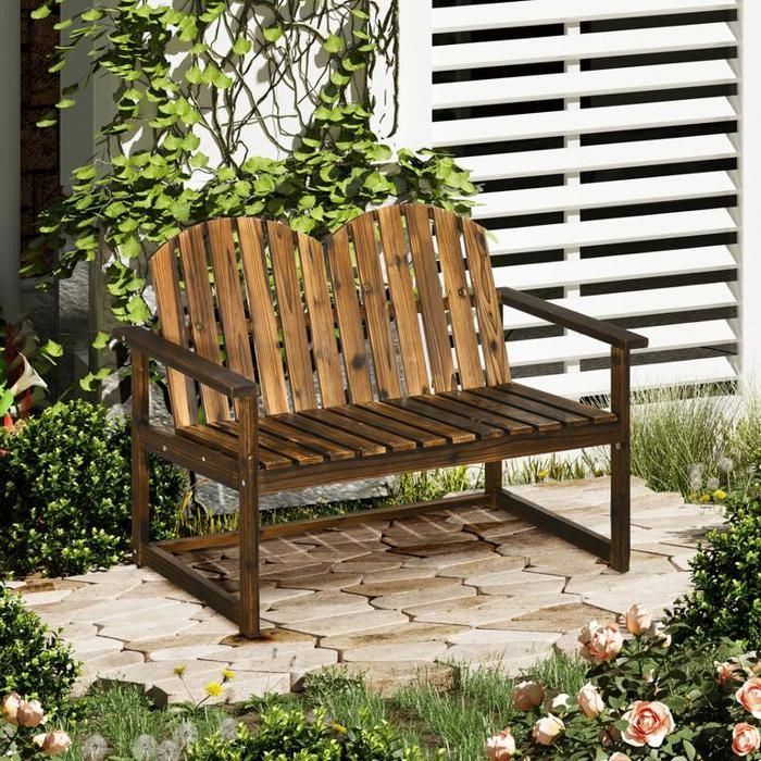 Banc de jardin en bois 2 places avec dossier et accoudoirs capacité de charge jusquà 240 kgpour jardin et balcon finition brûlée
