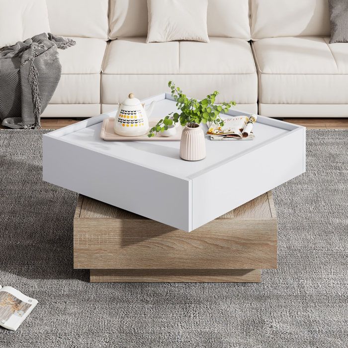 Table basse blanc et noyer 60 x 60 x 38 cm plateau pivotant 360° 2 tiroirs rebords stables