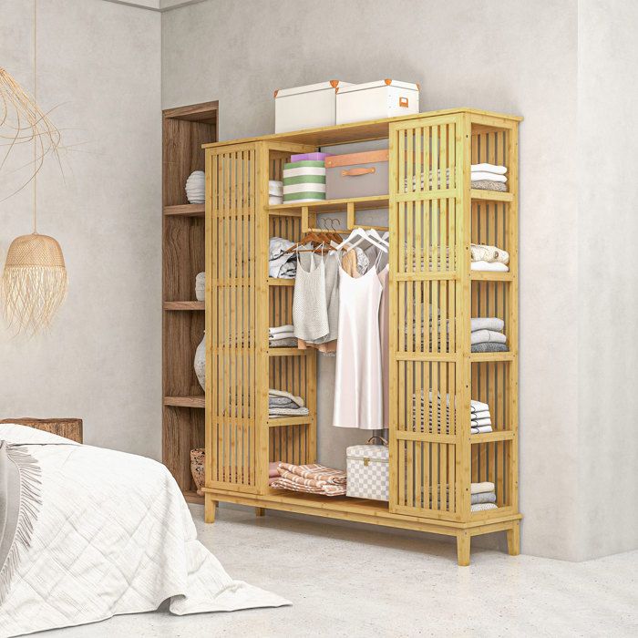 MOTHINESSTO2603-Armoire en bambou avec 2 portes coulissantes étagères et tringle grande armoire pour la chambre 145 x 35 x 165cm
