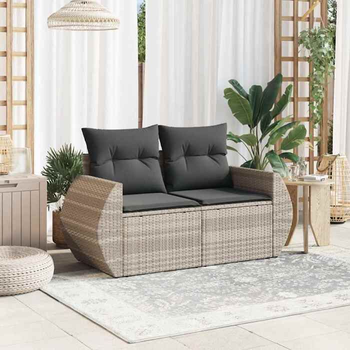 Canapé de jardin 2 places - moderne - SOFA DOUBLE - et coussins - gris clair résine tressée CC1249