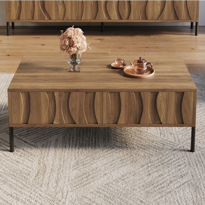 Table basse rétro chic en bois naturel avec 2 tiroirs et pieds en fer