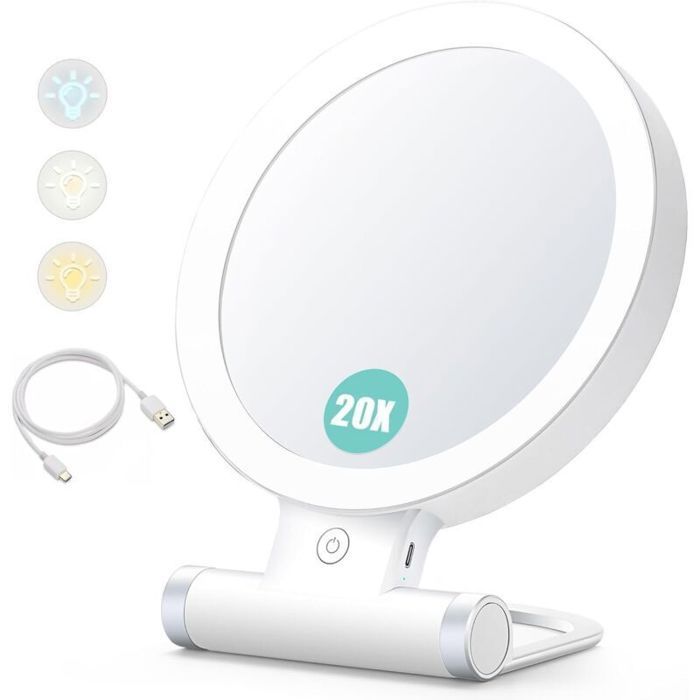 Miroir grossissant avec éclairage grossissement 20x/1x double face miroir de maquillage portable éclairage 3 couleurs écran t