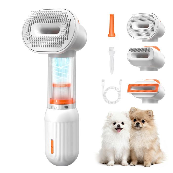 Brosse aspirante pour chien 4 en 1 : brosse autonettoyante peigne à sous-poil outil de toilettage anti-mue peignage - Blanc