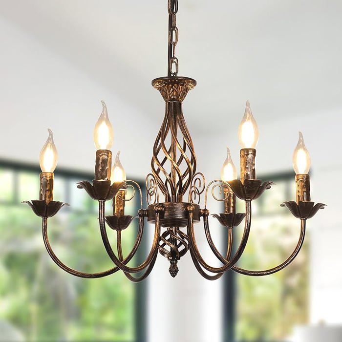Lustres Rétro Fer Pendentif Réglable en Hauteur Suspension Luminaire Lustre en Fer Forgé Bougie 6 Têtes - Rouille LUSTRE