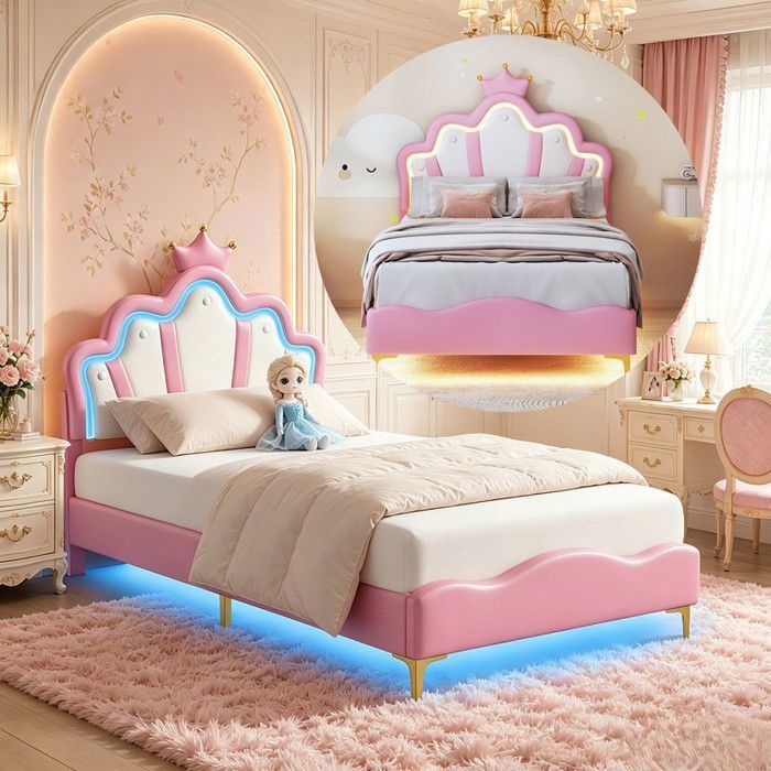 Lit Enfant 90 x 200 avec LED et Sommier UTTQEW Lit Fille avec Tête de Lit Réglables Hauteur Lit Simple avec Cadre de Lit Rose