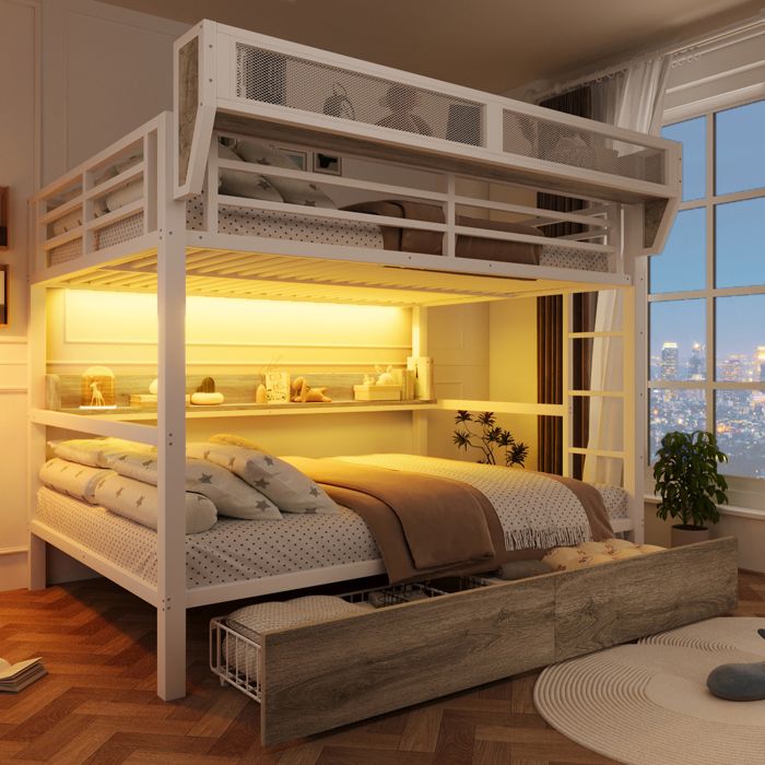Lit superposé 140 x 200 cm lit double en fer avec éclairage LED barre de sécurité étagère panier de rangement et tiroir blanc