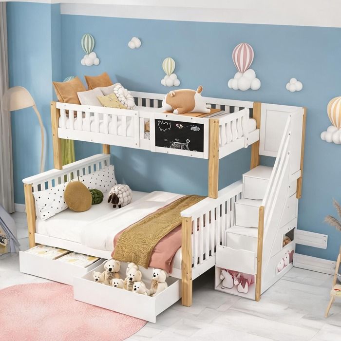 Lit mezzanine enfant double fonctionnel 90x200+140x200 cm avec tiroirs et tableau bois massif blanc et chêne clair