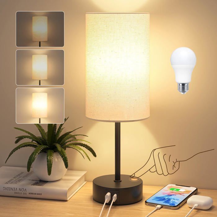 Lampe De Chevet Tactile À Intensité Variable Avec Ports De Charge Usb A+CAbat-Jour En LinPour ChambreSalonBureau À Domicile