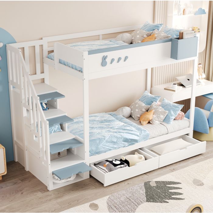 Lit Superposé Enfant 90x200 cm - 2 Tiroirs - Échelle de Rangement - Barrières Sécurité - Blanc et Bleu (Sans Matelas)