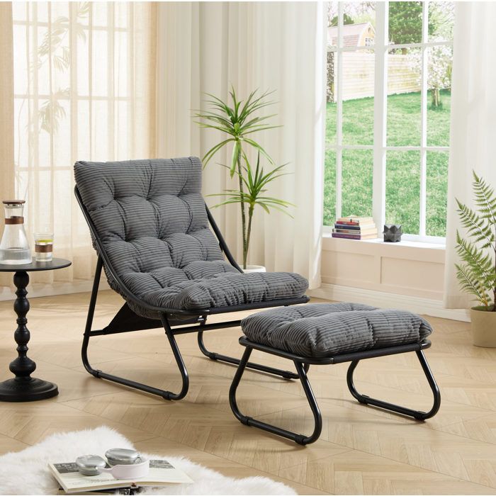 Fauteuil de jardin avec ottoman coussin gris structure en acier style contemporain noir - UVRION