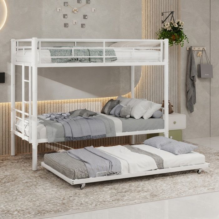 Lit superposé en métal 3 places - URTR - 2×90×190 cm - lit gigogne 90×180 cm - avec barrières de sécurité - sans matelas - blanc