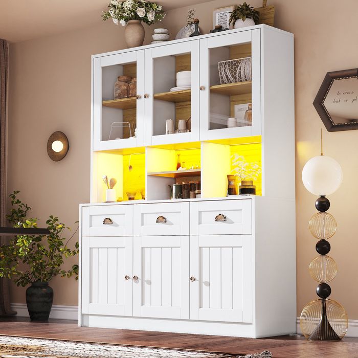 COVREO Buffet de cuisine 140 x 40 x 175 cm avec LED 3 tiroirs étagères réglables MDF blanc