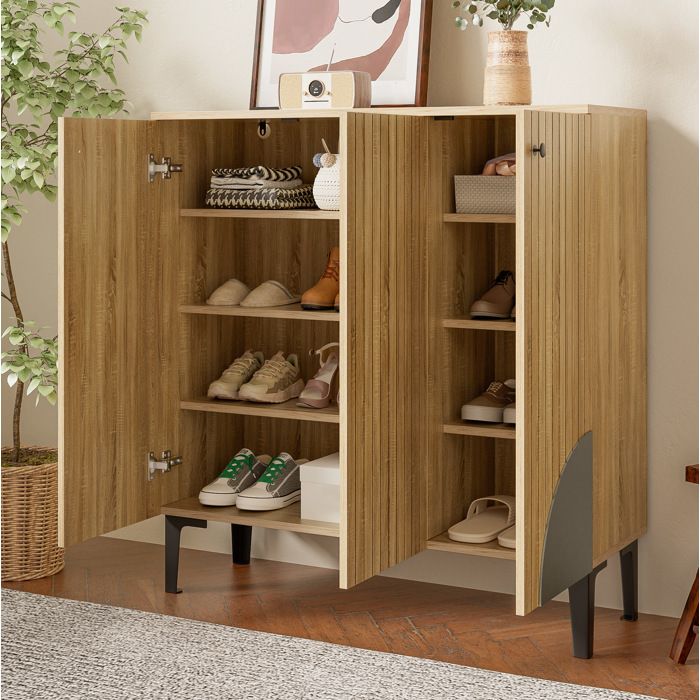 COVREO Meuble à chaussures 3 portes 90 x 32 x 94 cm aspect bois clair avec étagères intérieures