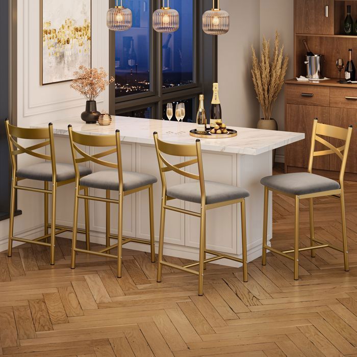 Ensemble de 4 tabourets de bar avec dossier et repose-pieds - Assises en similicuir - Doré - 56 cm