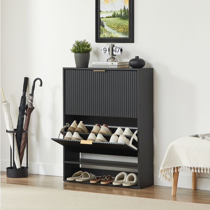 Meuble à chaussures étroit noir 2 abattants avec façade rainurée niche ouverte et plateau supérieur