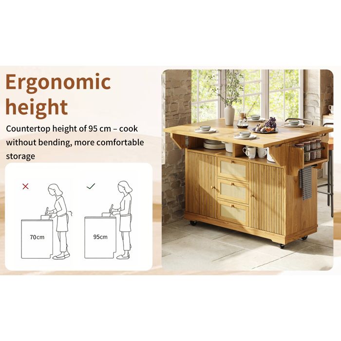 WOVREO Îlot central de cuisine pliable 95 cm avec rangement rotin PE roulant marron naturel