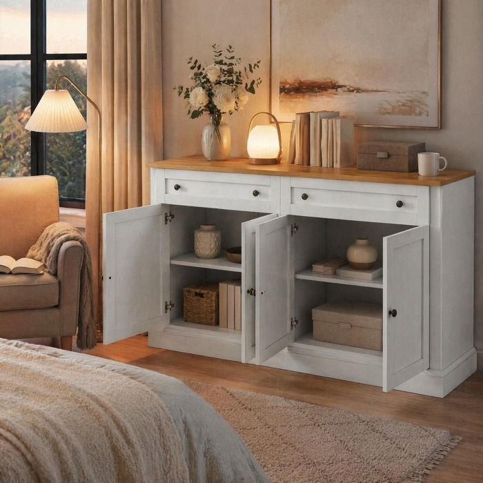 Buffet bas 4 Portes 2 Tiroirs 2 Étagères Réglables - YEAVIO - Blanc Antique et Bois Naturel 150×40×86 cm