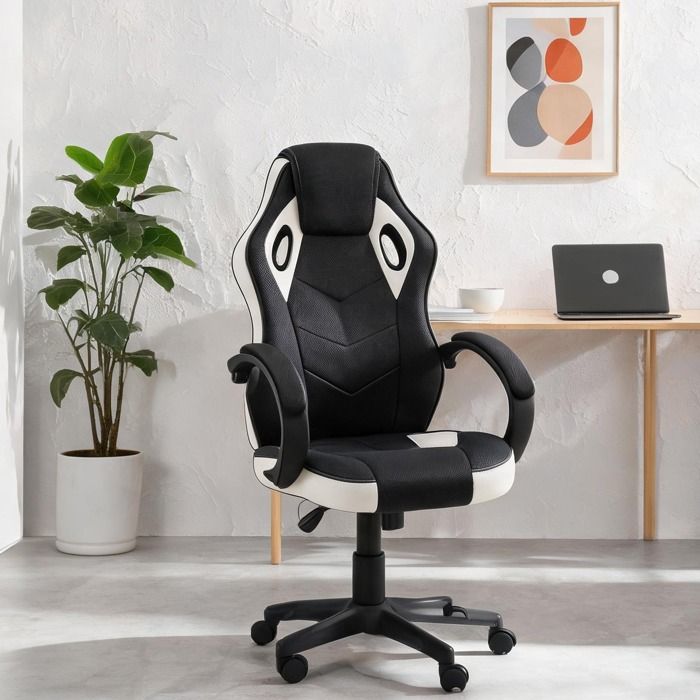 Fauteuil de bureau ergonomique en mesh et PU noir mat hauteur réglable 44-54 cm dossier haut avec appui-tête capacité 150 kg