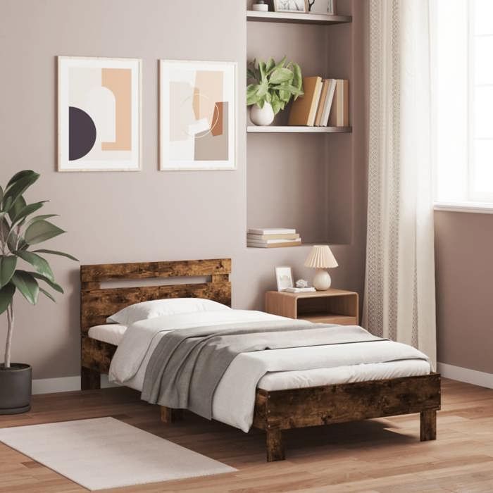 vidaXL Cadre chêne fumé 100x200 cm tête lit sans matelas imitation bois sombre cadre mi-double rustique industriel chic