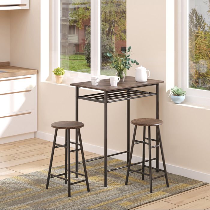 Ensemble Table et Chaises de Bar avec 1 Table Haute 2 Tabourets et 1 Étagère - Style Industriel - Métal et MDF - Noir