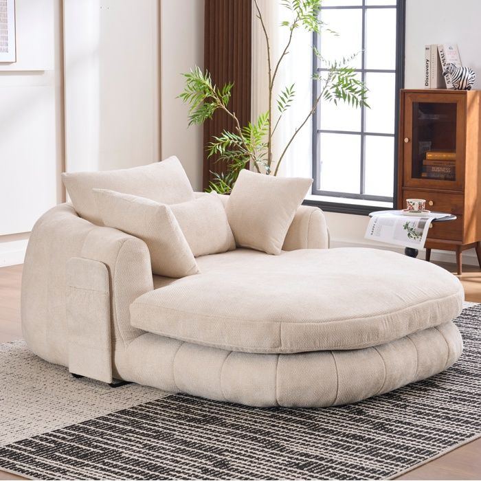 Meridienne En Chenille Beige Fauteuil Chaiselongue Lounge FloraGrace Pour Salon Ou Chambre Sans Montage 184.5x145x59cm