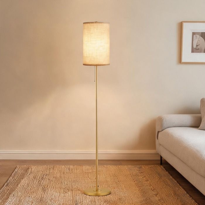 Lampadaire design à abat-jour en lin et mât doré 157 cm pour salon élégant