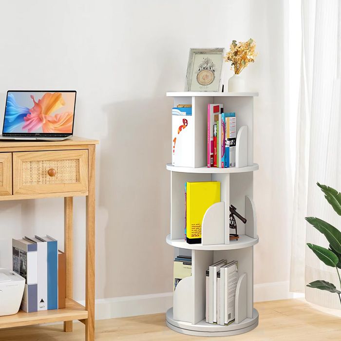 OHMG-Armoire Tournante En Bois-Bibliothèque Pivotante (3 Étagères)-Étagère De Rangement-Rotation À 360°-40*40*97cm-Blanc