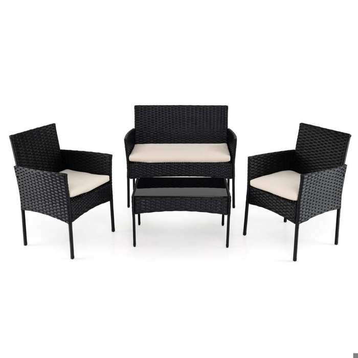 Set 4 pièces salon de jardin en rotin PE avec table en verre trempé pour balcon terrasse et jardin
