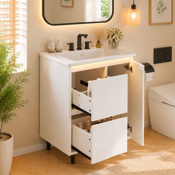 Lavabo avec meuble bas-Meuble de salle de bain avec lavabo-Résistant à lhumidité et à leau-Bac en céramique intégré-blanc