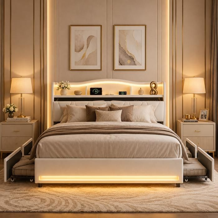Lit coffre 160x200 avec LED et USB Lit double capitonné avec 4 tiroirs lit adulte avec Rangement Sommier à lattes Velours Beige