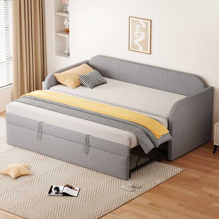 Banquette-lit rembourrée 90/180 × 190 cm avec couchage extensible sommier à lattes Gris clair