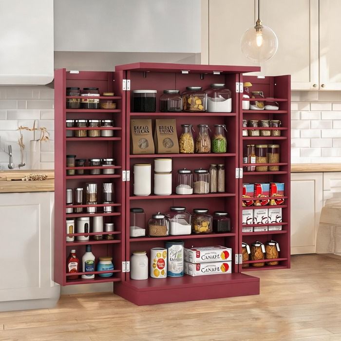 Meuble de cuisine 2 portes en MDF rouge avec 5 étagères et 12 porte-épices 60x30x104 cm