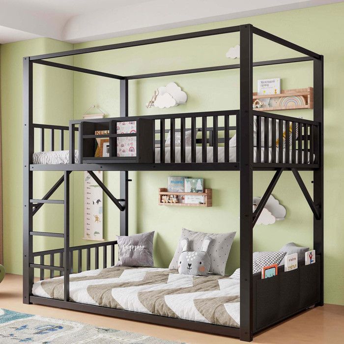 Piaenon - Lit superposé enfant 90x200 cm avec toit étagère rangement latéral et barrière - Métal - Noir