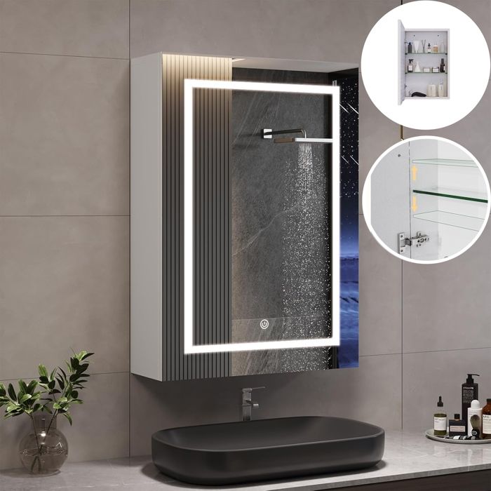 Armoire Murale Salle de Bain 50x12.5x70 cm Armoire à miroir avec LED Réglable Fonction mémoire 2 Étagères réglables Blanc